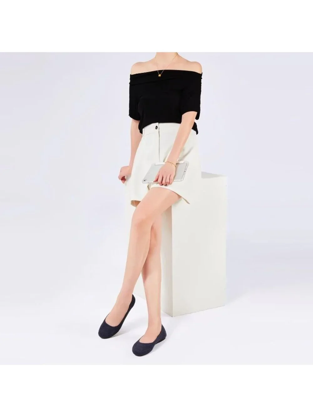 Women's Navy Blue Round Toe Knit Low Wedge Slip On Ballerina Ballet Flat Shoes